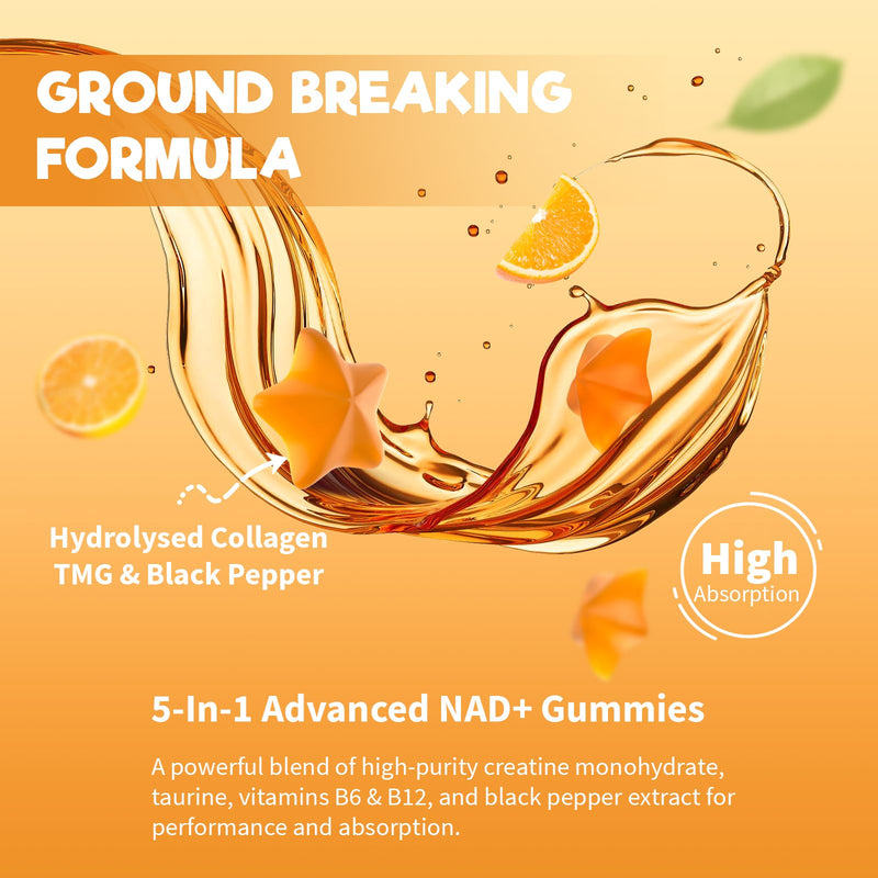 NAD+ Resveratrol Gummies 1310mg, High Absorption Formula with TMG, Hydrolysed Marine Collagen & Black Pepper Extract, NAD+ Supplement for Energy & Anti-Aging, Orange Flavour, 60 Gummies 60 count (Pack of 1)