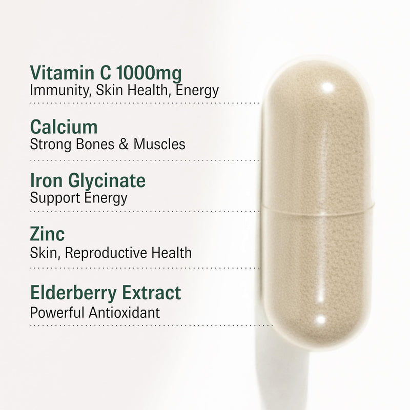 Vitamin C Supplement: Non-Acid VIT C + Iron/Zinc/Copper/Calcium with Citrus Bioflavanoids & Elderberry - UK Made