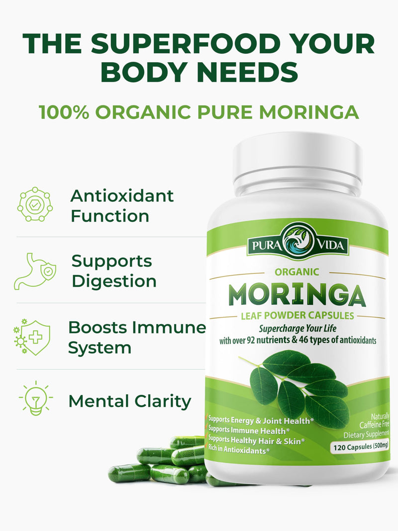 [Australia] - PURA VIDA MORINGA Capsules Single Origin Moringa Powder Organic. Pure Moringa Leaf. Energy, Metabolism, & Immune Support. 120ct. 500mg Caps. 120 Count (Pack of 1) 