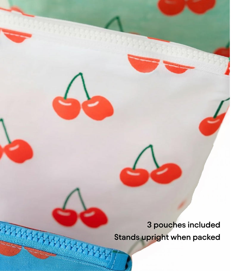 Zipper Pouch 3 Piece Set Diaper Bag Organizer for Baby Essentials | Stand up gusseted nylon pouches that fold flat when empty. Reusable on the go travel storage for snacks clothes toys and more Cherries