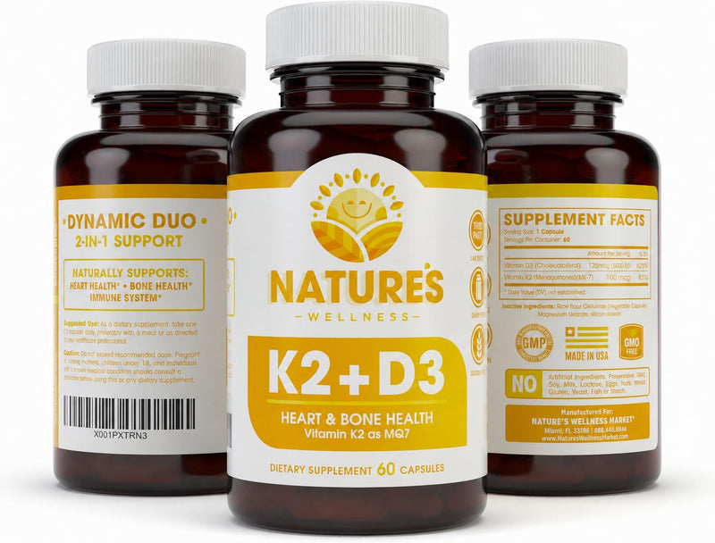 Vitamin K2 (mk7) with D3 Supplement for Best Absorption - 2-in-1 Support for Heart Health and Strong Bones | Vitamin D & K Complex | D3 5000 IU + K2 100 mcg | GMO & Gluten Free - 60 Count 60 Count (Pack of 1)