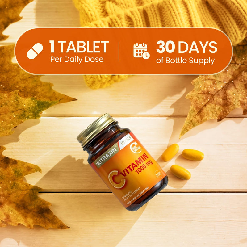 Nutraxin Vitamin C Tablets, 1000mg - Time-Release Formula for Immune Support with Rosa Canina & Citrus Bioflavonoids - Non-GMO, Gluten-Free, No Additives - 30 Tablets for Daily Health & Wellness Vitamin C Tablets – 30 Tablets