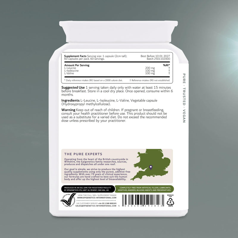 BCAA (Branch Chain Amino Acids) | 200mg L-Leucine + 100mg L-Isoleucine + 100mg L-Valine | 60 Vegan Capsules UK Made | 1 Capsule Daily (2 Month Supply)