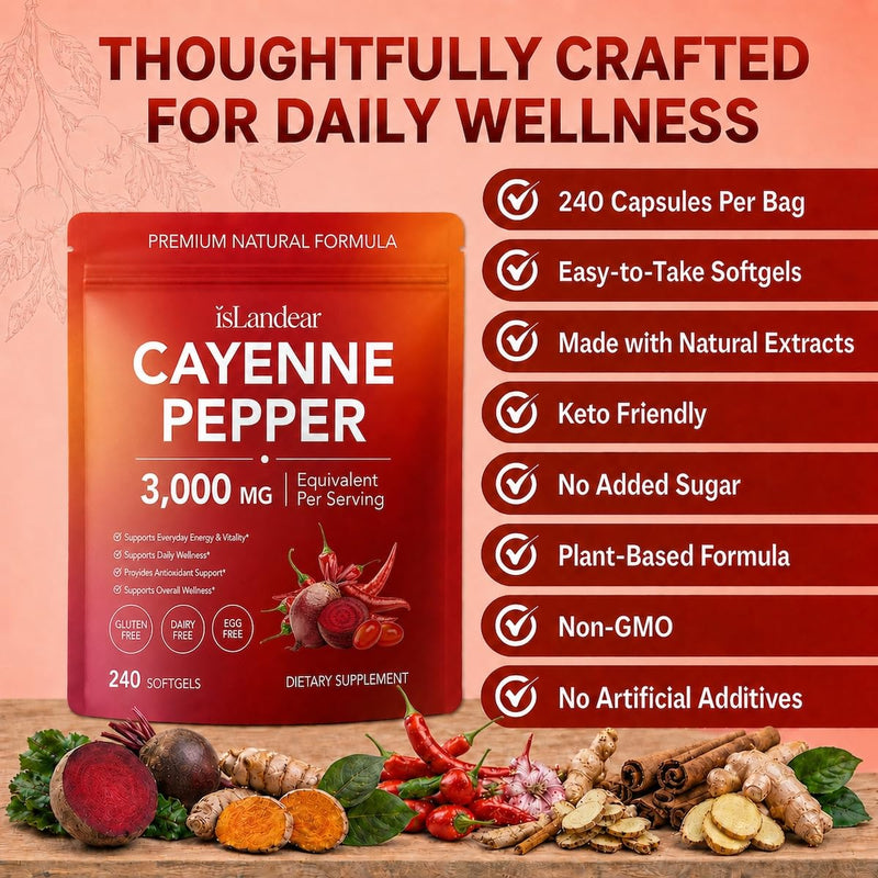 Cayenne Pepper Capsules, Supports Healthy Circulation and Daily Energy | Cayenne Pepper Softgels Supplement with Beetroot, Hawthorn, Turmeric & Vitamins D3 K2 E, 240 Softgels
