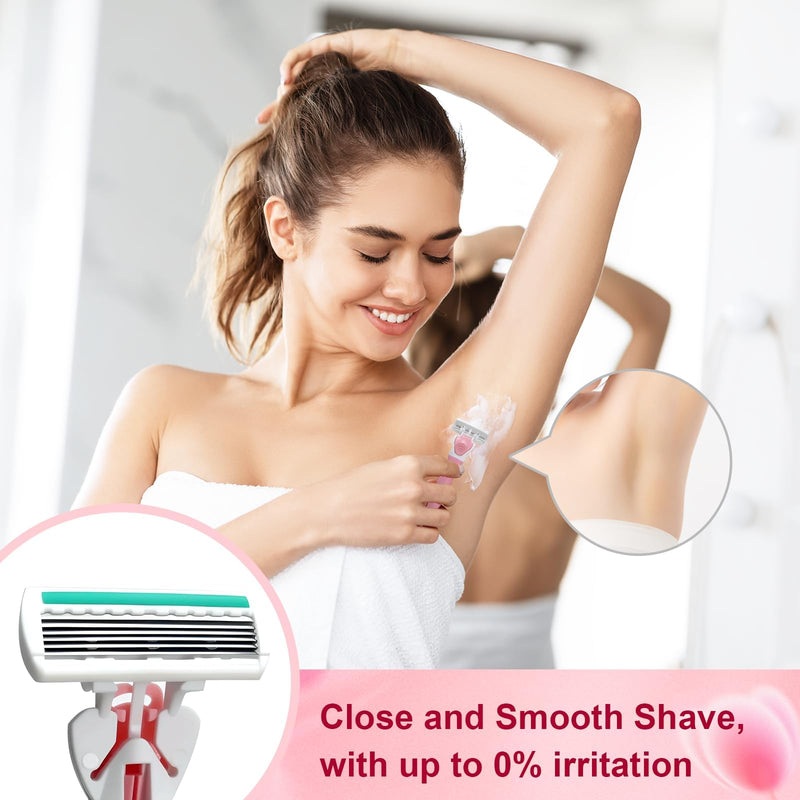41 Pcs Disposable Women Razors, Include 3 Non Slip Handles and 36 Refill Blades and 2 Dedicated hook, 6-Blade Travel Essentials Sensitive Skin Shaving Razor Set