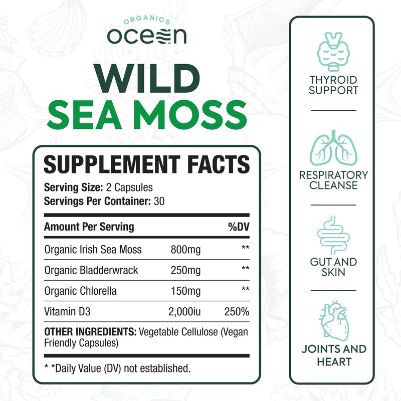 [Australia] - Wild Sea Moss Capsules - 100% Organic Irish Sea Moss with Organic Chlorella, Bladderwrack and Vitamin D for Energy, Lung Health and Thyroid Support for Women and Men - 60 Capsules 