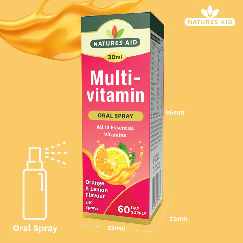 Natures Aid Multivitamin Daily Oral Spray 30ml - Natural High Strength Supports Energy Tiredness Fatigue Healthy Immune & Nervous System - Pill Tablet Capsule Free Liquid Supplement 2-Month Supply Multivitamin Spray 30ml
