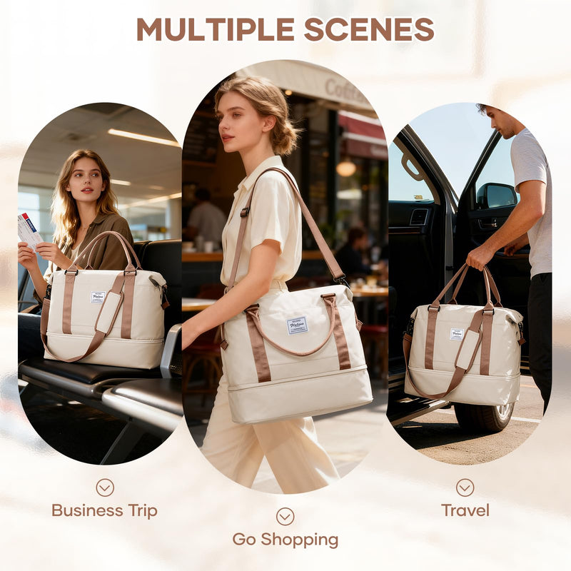 Travel Duffel Bag 18x14x8 Inches Carry On Bag for Airplanes Weekender Overnight Bag for Women with Trolley Sleeve Travel Bag Spirit with Shoes Compartment Sport Tote Gym Bag BeigeBrown