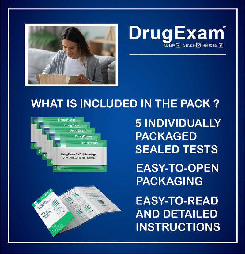 [Australia] - 5 Pack - DrugExam THC Advantage Made in USA Multi Level Marijuana Urine Test Kit. Highly Sensitive THC 5 Level Drug Test Kit. Detects at 20 ng/mL, 50 ng/mL, 100 ng/mL, 200 ng/mL and 300 ng/mL (5) 