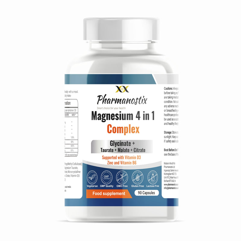 Pharmanostix Magnesium Complex 4-in-1 | Max Absorption Formula 2175mg of Magnesium Bisglycinate, Taurate, Citrate, Malate, Supported with VIT D Zinc & Vitamin B6, UK Made