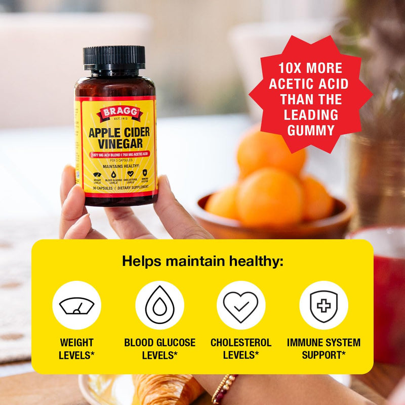 Bragg Apple Cider Vinegar Capsules - Daily Wellness Vitamin D & Zinc - 3pk | Organic, gluten-free, non-GMO formula, no artificial preservatives, easy-to-swallow, daily wellness support 90 Count (Pack of 3)