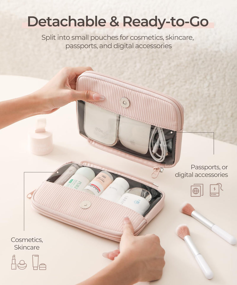 Makeup Bag Set for Women, 2 Pcs Corduroy Travel Cosmetic Organizer, Detachable Clear Pouch and Shell Shape Case, Waterproof Toiletry Storage for Beauty Essentials, Pink