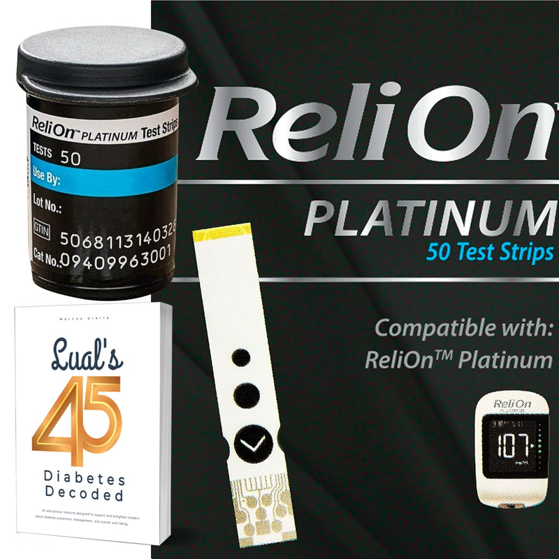 [Australia] - Relion Platinum Test Strips 50 Count. Compatible with ReliOn Platinum Meter, Testing Blood Glucose, Bundle with 45 Diabetes Decoded eBook Included 