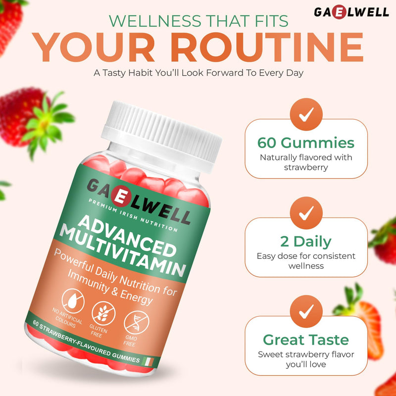 Multivitamin Gummies for Adults | 12 Essential Vitamins & Minerals with B-Complex, Zinc & Magnesium | Gluten & Sugar Free | Daily Supplement | Strawberry Flavour | 60 Gummies Gaelwell®