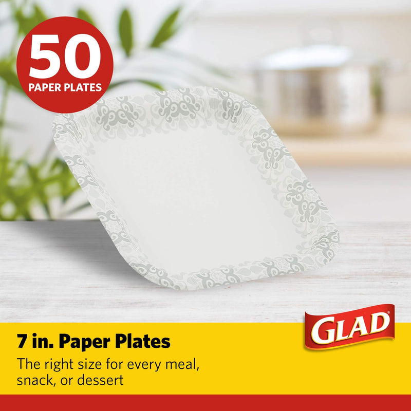 [Australia] - Glad Square Disposable Paper Plates with Gray Victorian Print|Soak /Cut-Proof, Microwaveable Heavy Duty, Disposable , 7 Inches, 50 Count|Square Party plates Bulk 7 Inch - 50 Count 