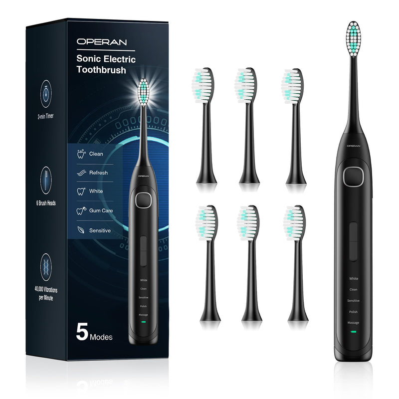 Operan Electric Toothbrush for Adults Sonic Rechargeable Toothbrush with Smart Timer 5 Modes 6 Brush Heads IPX7 Waterproof 40,000 VPM Motor 6 Hours Fast Charge for 100 Days (Black, 1Pack) Black