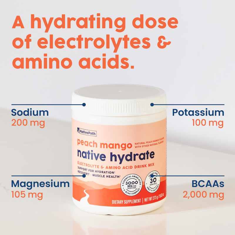 [Australia] - NativePath Native Hydrate, Zero Sugar, Electrolytes Powder with BCAAs, Peach Mango Hydration, Keto & Paleo Friendly, 30 Servings 