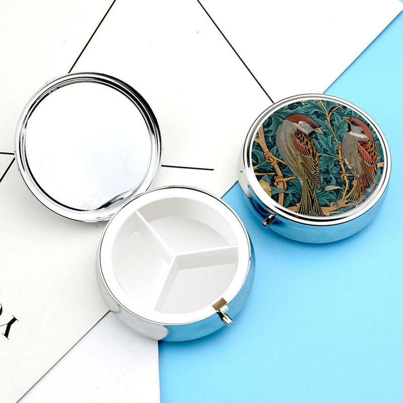 Pill Box 3 Compartment Small Pill Case, Portable Round Pill Box for Pocket or Purse, Decorative Metal Medicine Vitamin Organizer. (Two Birds) Two Birds