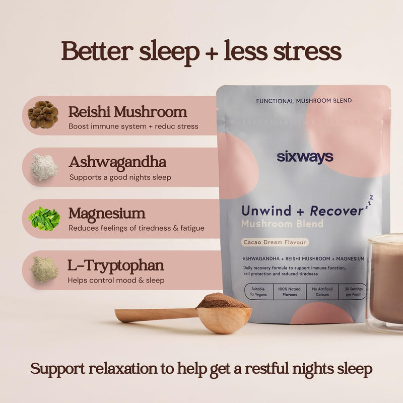 Sixways Unwind & Recover Sleep Drink, Cacao Flavour, 30 Servings with Ashwagandha, Magnesium Bisglycinate, Reishi Mushroom & L-Tryptophan, Vegan, Gluten Free (150g)