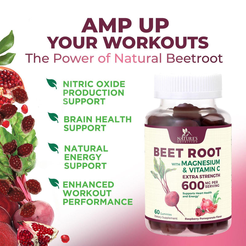 Beet Root Gummies - Super Food Beets Gummy for Energy, Heart Health, Nitric Oxide, & Circulation Support - Beet Chews Supplement with Beetroot Powder & Vitamin C - Vegan - Berry Flavored - 60 Gummies