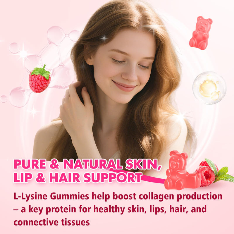 [Australia] - L-Lysine 1000mg Gummies for Immune Support & Skin Health - Vegan, Gluten Free Amino Acid Supplement for Adults, Raspberry Flavor, 60 Gummies 1pack 