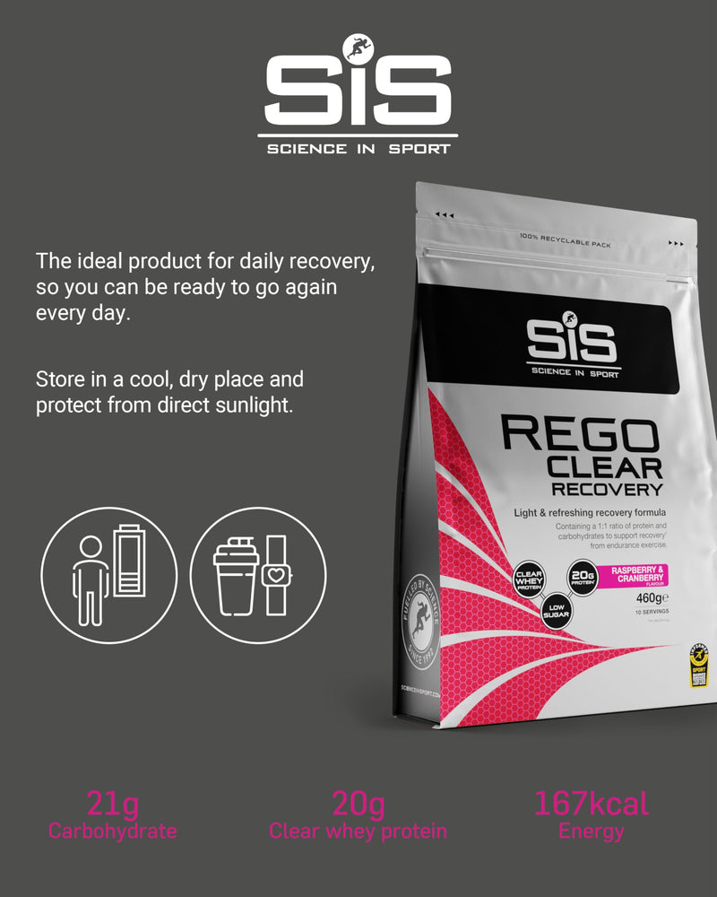 Science in Sport Rego Clear Recovery | Clear Whey Protein Shake | 20g Protein, 21g Carbs, Low in Sugar | Raspberry & Cranberry, 460g 10 Servings (Pack of 1)