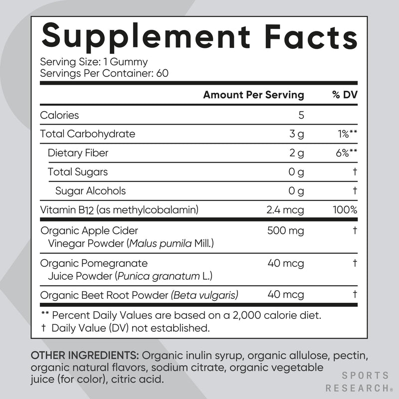 Sports Research® Organic Apple Cider Vinegar Sugar-Free Gummies, 60 Count | ACV 500mg For Diet Cleanses & Digestion | Non-GMO, Certified Vegan, Gluten Free ACV Gummies