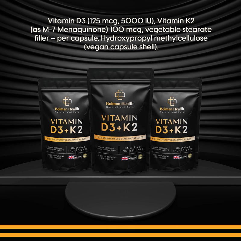 Vitamin D3 + K2 Capsules | 5000 IU Vitamin D3 & 100µg Vitamin K2 MK-7 | Supports Bones, Teeth, Muscles & Immune Function | 60 Vegetarian Capsules | Non-GMO | Gluten-Free Vitamin D Supplement 60 count (Pack of 1)