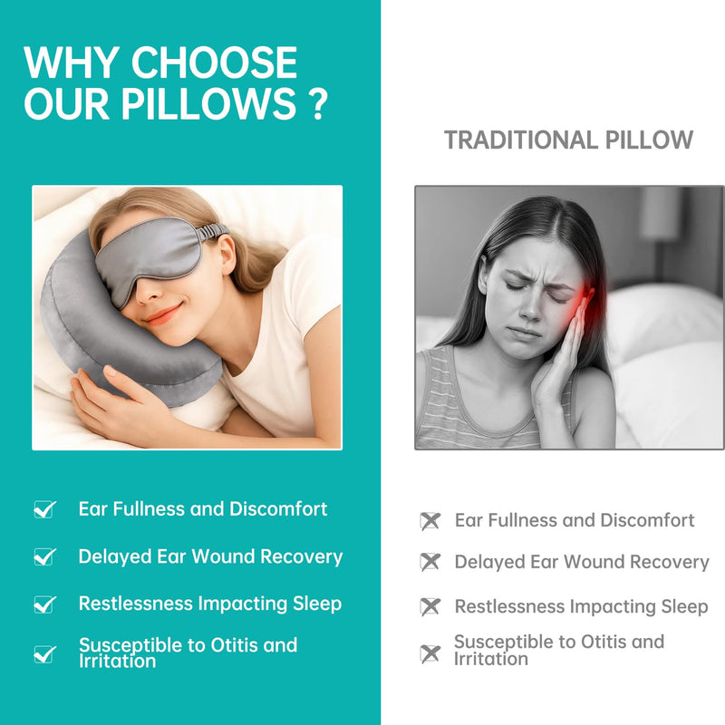 Ear Piercing Pillow for Side Sleepers - Silky Satin Piercing Pillow & Eye Mask Set with Ear Hole,CNH & Ear Pain Relief,Inflammation,Pressure Sores,Ear Guard,Washable Donut Pillow for Head Grey2