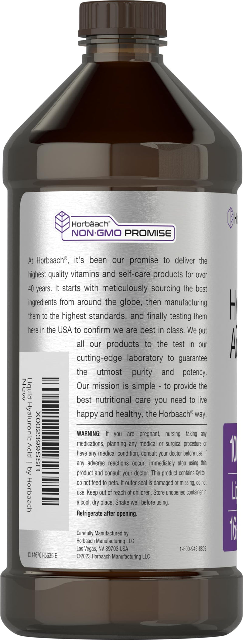 Horbäach Liquid Hyaluronic Acid Supplement | 100 mg | 16 oz | Mixed Berry Flavor | Non-GMO and Gluten Free Formula