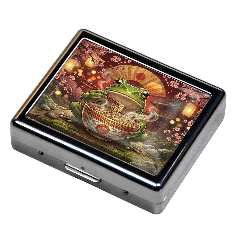 Metal Weekly Pill Organizer, 7 Day Pill Case with 8 Compartments, Travel Pill Box for Purse & Pocket, PP Dividers, Secure Clasp (Sakura Ramen Frog) Sakura Ramen Frog