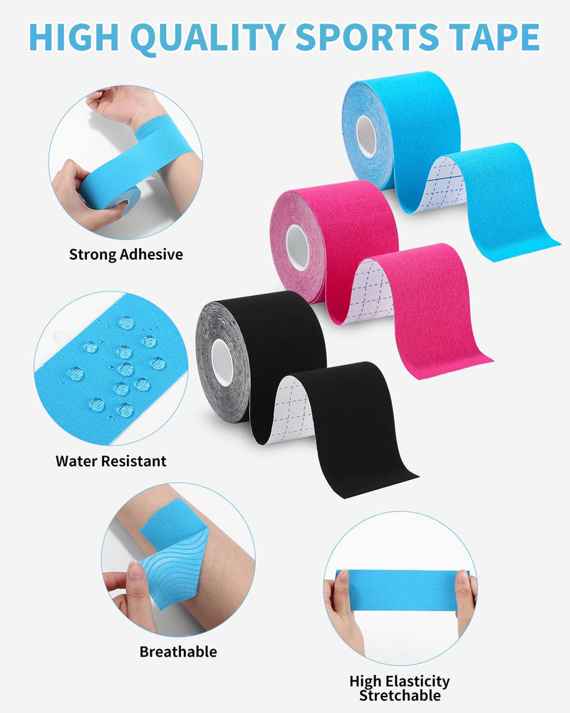 [Australia] - TIDEVAN 3 rolls of sports tape (5m x 5cm) kinesiology tape, physio tape, sports tape set, waterproof and skin-friendly kinesiology tape with special scissors, for knee pain, elbows and shoulders, black + pink + blue 
