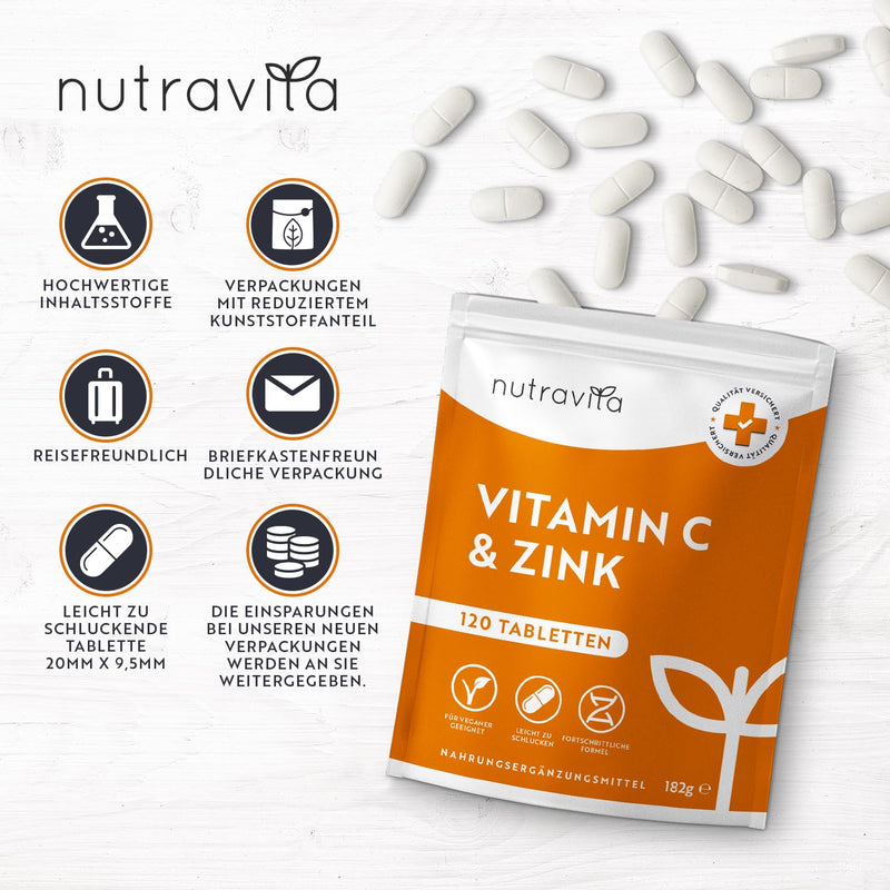 [Australia] - Vitamin C & Zinc - 120 tablets - High dose with 1000mg vitamin C + 20mg zinc - Laboratory tested, vegan & optimally bioavailable - without unnecessary additives - Supports the immune system - Nutravita 