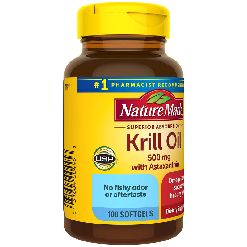 [Australia] - Nature Made Superior Absorption Krill Oil 500mg with Astaxanthin and Phospholipids, Omega 3s for Heart Health Support, 100 Softgels, 100 Day Supply 