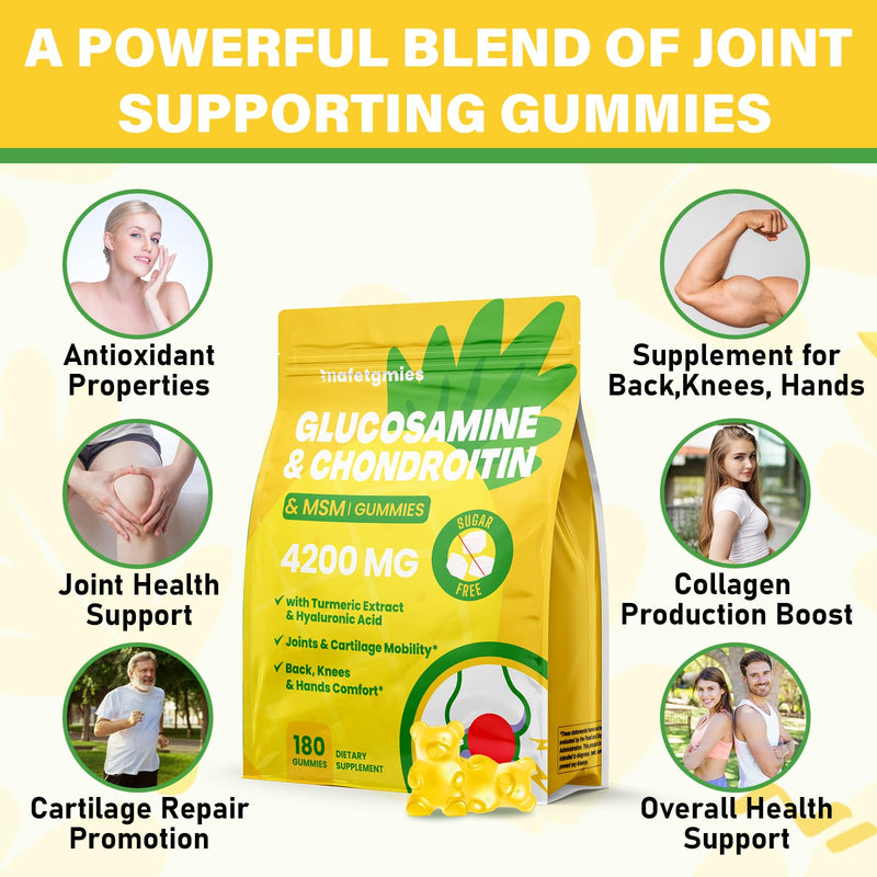 [Australia] - Glucosamine Chondroitin Gummies, 4200mg Extra Strength Joint Supplements Glucosamine Chondroitin with MSM & Elderberry for Joint Health, Flexibility, Immune Support for Adults, Men & Women, 180 Count 180 Count (Pack of 1) 