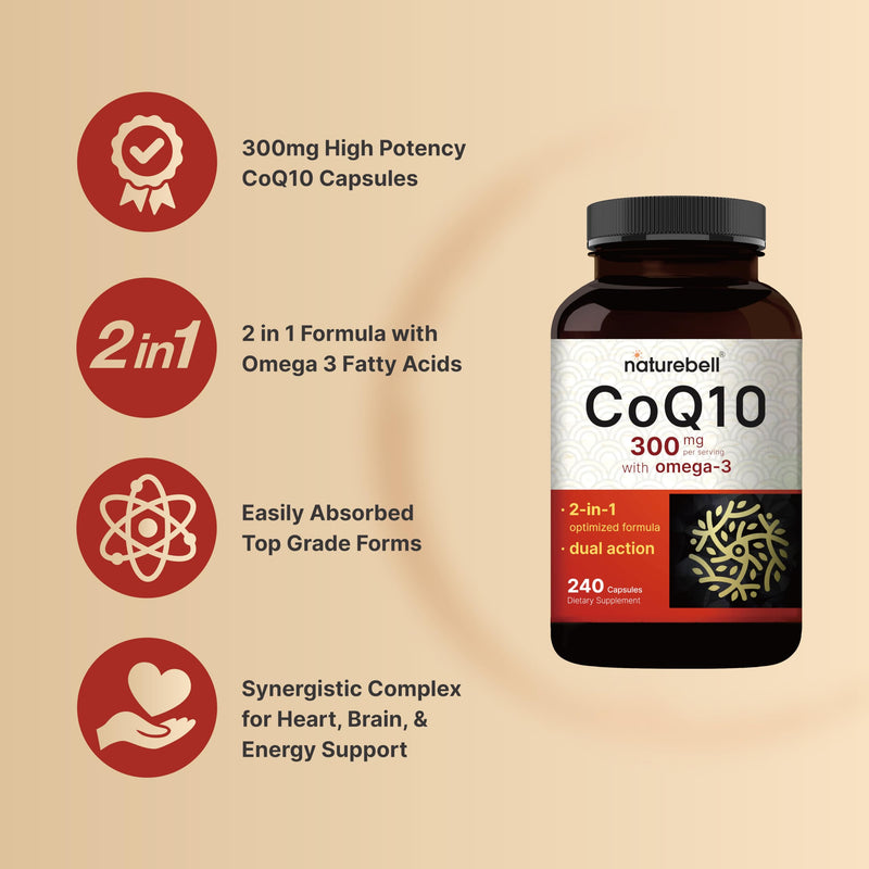 [Australia] - NatureBell CoQ10 300mg with Omega 3, 240 Capsules - 120 Day Supply | Stable High Absorption Form ‚Äì Antioxidant Support for Heart & Energy Health ‚Äì Extra Strength Coenzyme Q10 Supplement 
