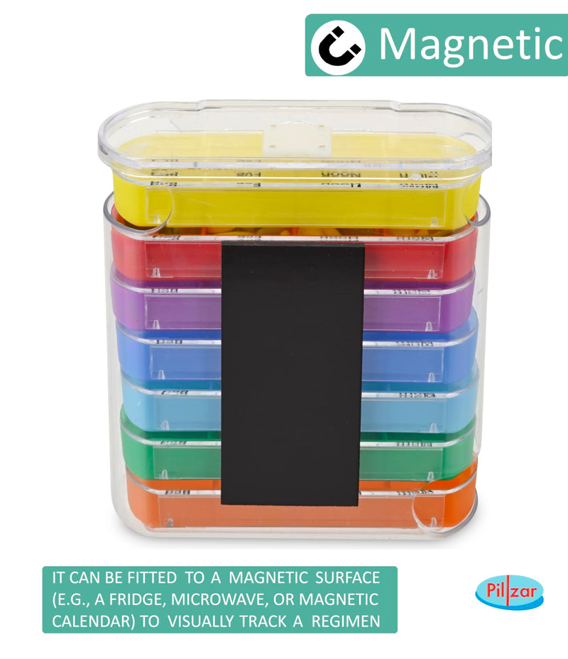 7 Day Pill Box Organizer, Hard Case with Embedded Magnet, 7 Stackable Trays, Perfect for Travel and Home Use.