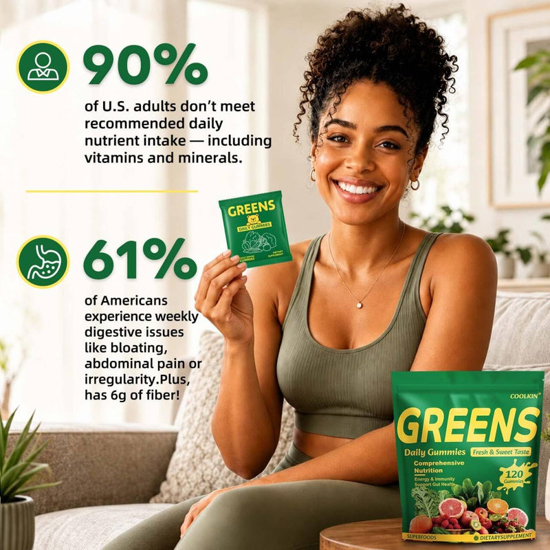 COOLKIN Greens Daily Gummies, Adult Super Greens Multivitamin Superfood Gummies with Spirulina, Chlorella, Adaptogens & Prebiotic Fiber - Digestive Health Support, (20 Count)