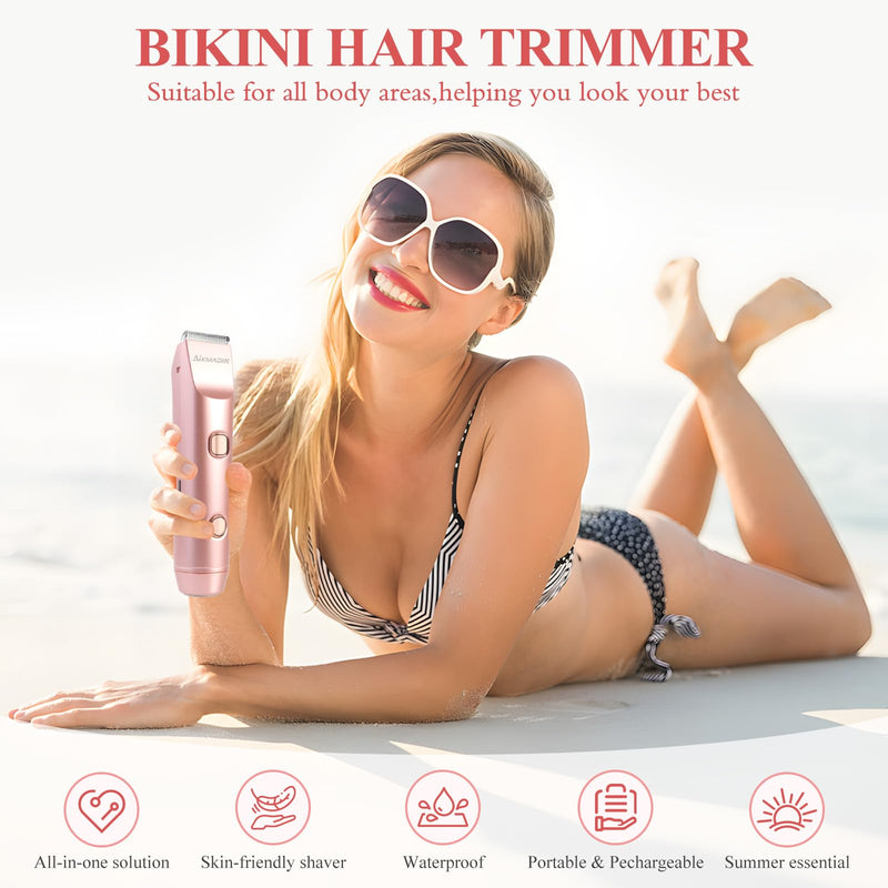 Bikini Trimmer for Women, 2-in-1 Electric Razor & Shaver with IPX7 Waterproof, Low-Noise Painless Design, Wet & Dry Hair Remover for Face, Body & Intimate Areas, 60 Mins Cordless Runtime upgraded version