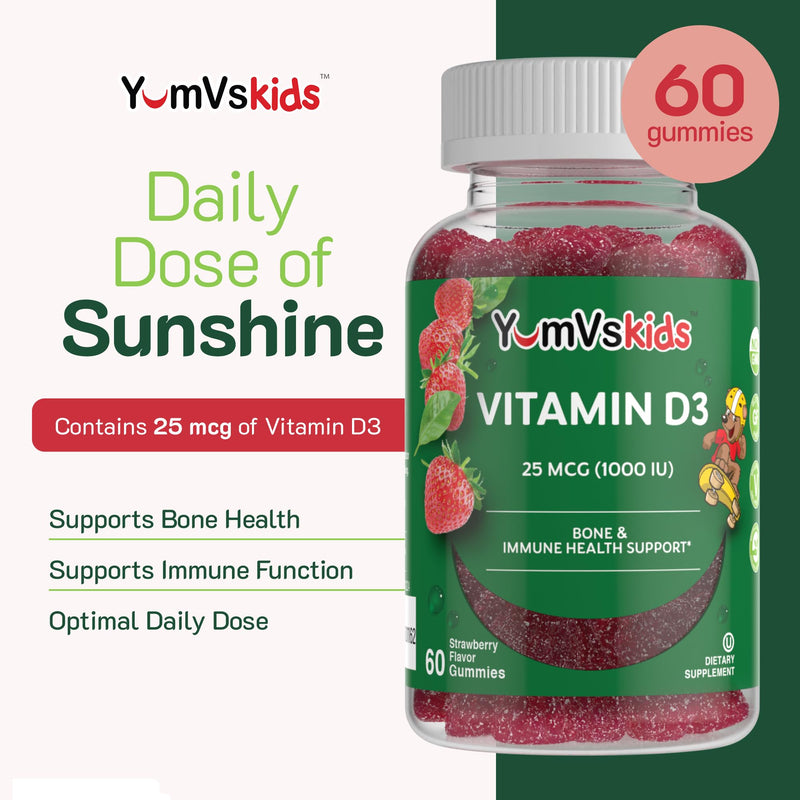 YUM-V's Chewable Vitamin D Gummies for Kids - Vitamin D 1000 IU - Vitamin D3 Gummies - Kids Vit D3 Dietary Supplements - Children's Vitamin D3 1000IU - Bone Health & Immune Support (60 Count)