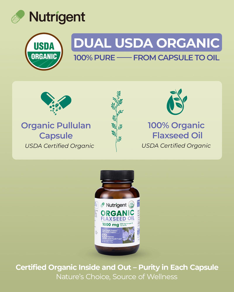 [Australia] - USDA Certified Organic Flaxseed Oil 1000 mg, Cold Pressed 100% Pure with Plant-Based Omega 3 ALA Essential Fatty Acids for Heart & Skin Health, 60 Capsules 