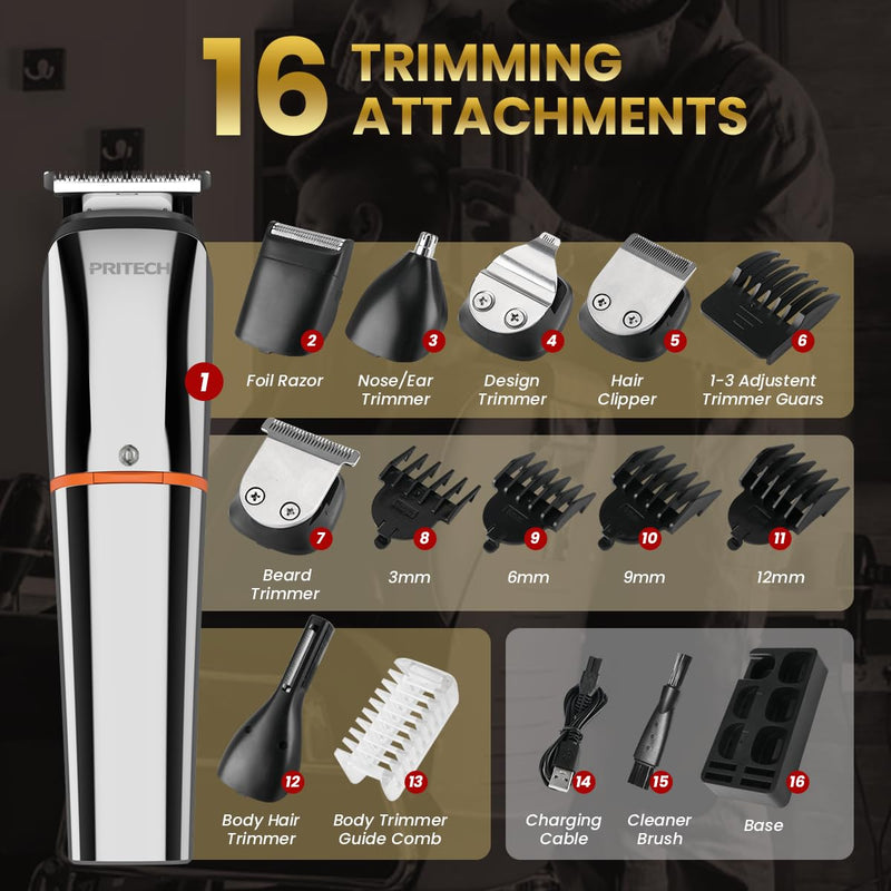 [Australia] - PRITECH Beard Trimmer for Men,6 in 1 Hair Clippers Kit, Precision Cordless Grooming Kit Waterproof IPX6 for Beard, Hair, Body, Nose, Ear, with Foil Razor (Silver) Silver 