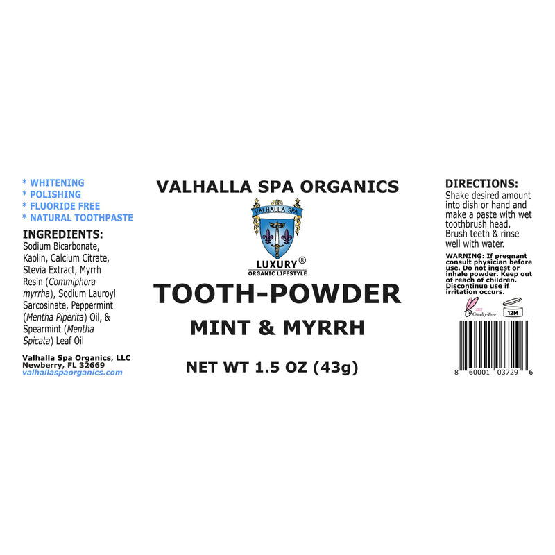[Australia] - Tooth Powder with Mint and Myrrh Gum | Natural Toothpaste | Fluoride Free | Whitening | Polishing | Valhalla Spa Organics 1.5 oz 