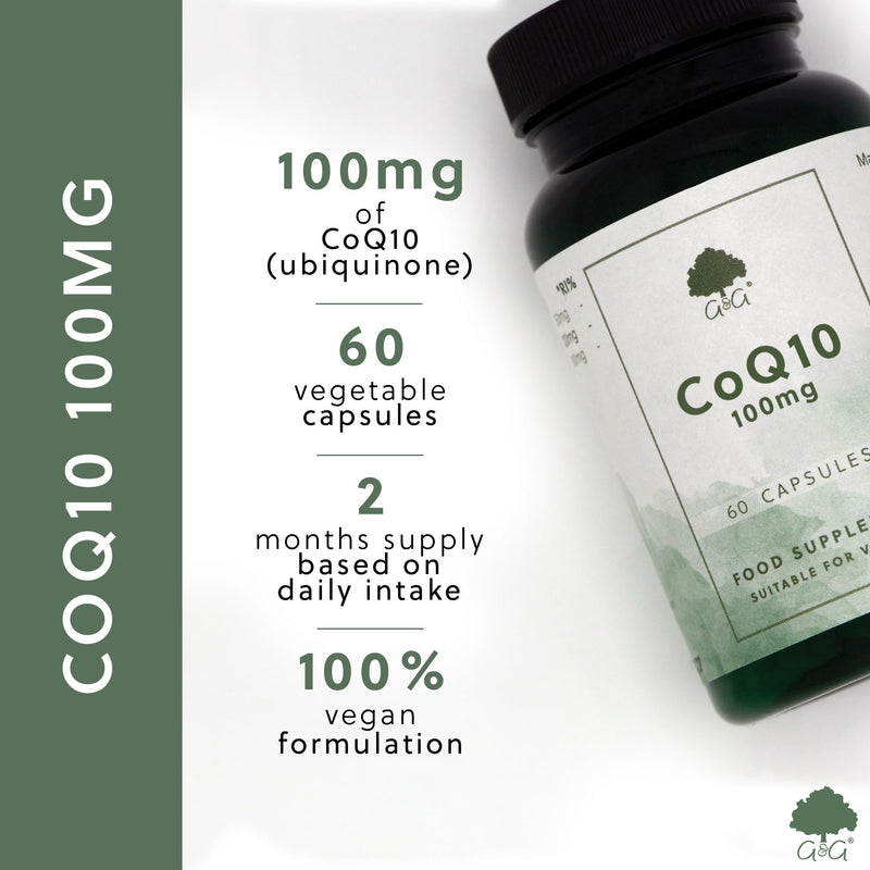 G&G Vitamins CoQ10 100mg Supplement - Ubiquinone Form - Natural Energy, Heart & Mitochondrial Support - 60 Vegan Capsules - Made in the UK