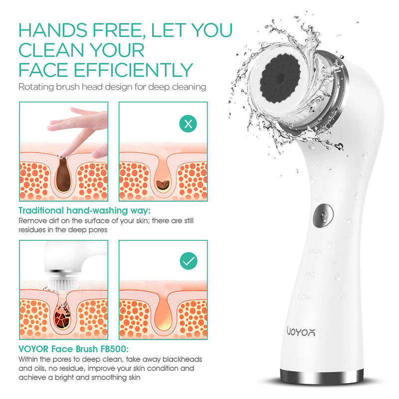 [Australia] - VOYOR Facial Cleansing Brush Rechargeable, Spin Face Brush Waterproof 5-in-1 Body Brush Set for Deep Skin Cleansing, Gentle Exfoliating and Massaging FB500 (White) White 