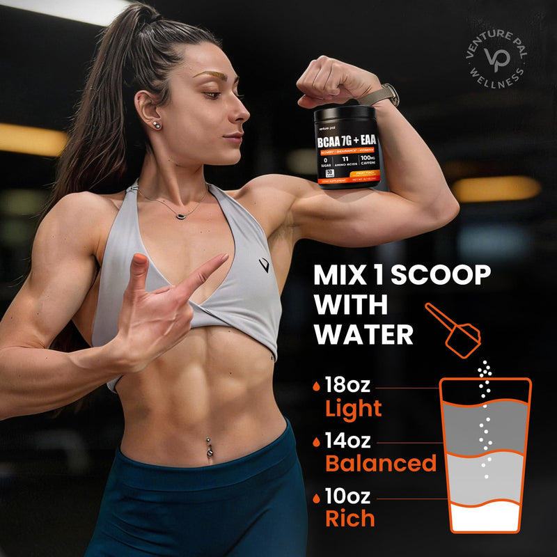 Venture Pal Sugar Free 7g BCAA + EAA Powder | Supports Muscle Recovery, Growth, Strength & Endurance – 9 Essential Amino Acids with L-Glutamine, Caffeine, Vitamin & Electrolyte for Energy & Hydration 12.7 Ounce（Pack of 1) V1-Fruit Punch-1