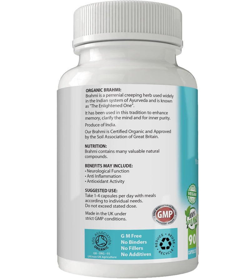 Organic Brahmi - Bacopa Monnieri - for Cognitive & Memory Support | 500mg Capsules x 90 | 100% Pure Soil Association Certified | Gluten Free | GM Free | Vegan