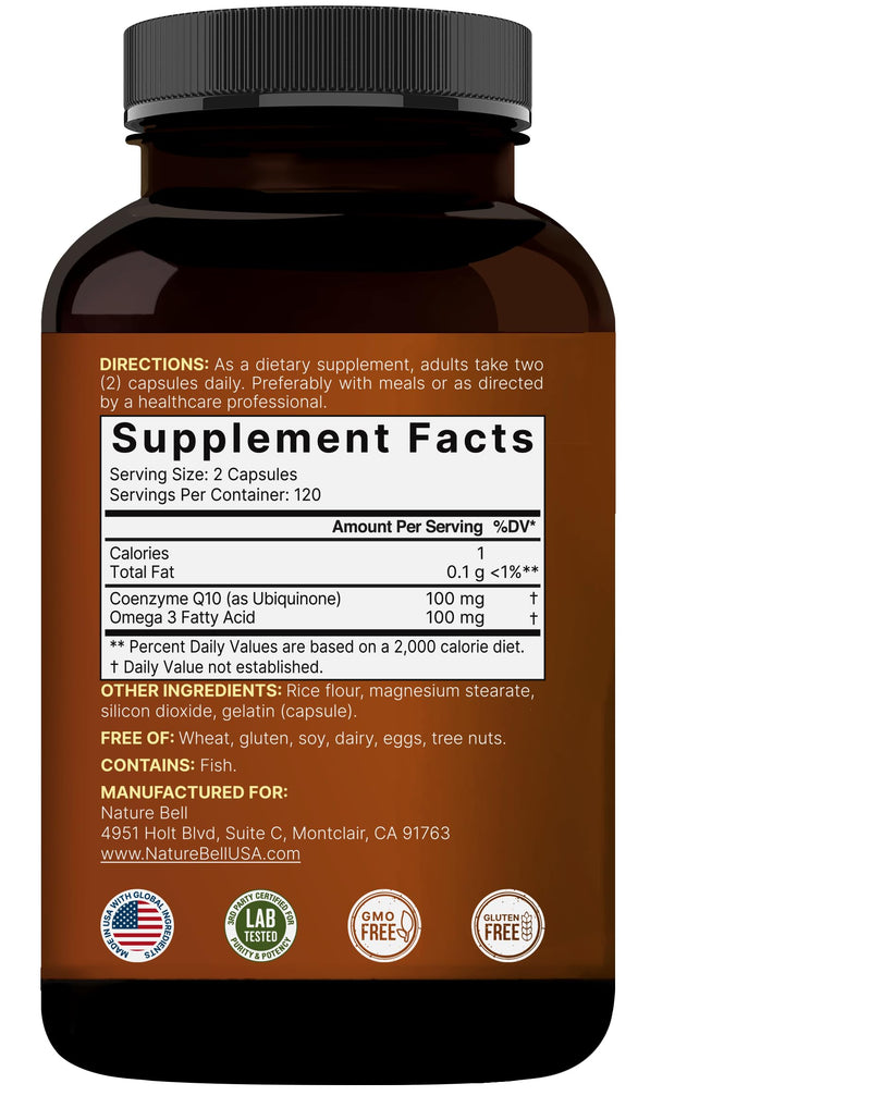 NatureBell CoQ10 100mg with Omega 3, 240 Capsules | Stable High Absorption Form – Antioxidant Support for Heart & Energy Health – Extra Strength Coenzyme Q10 Supplement