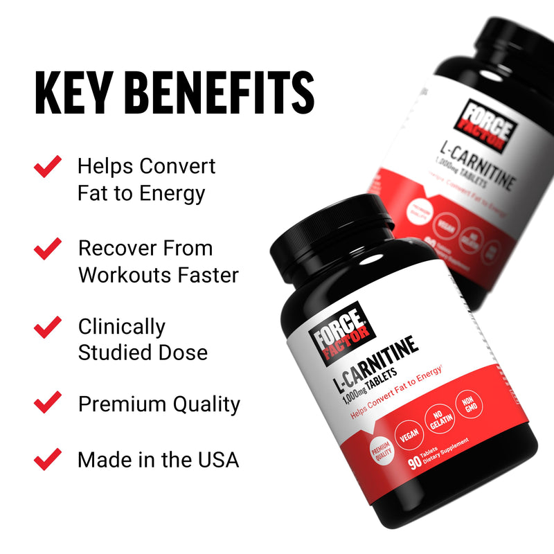 [Australia] - FORCE FACTOR L-Carnitine Supplement, L Carnitine Tartrate 1000mg Tablets to Convert Fat Into Energy, Support Muscle Recovery, and Boost Exercise Performance, Vegan, Non-GMO, 90 Vegetable Capsules 