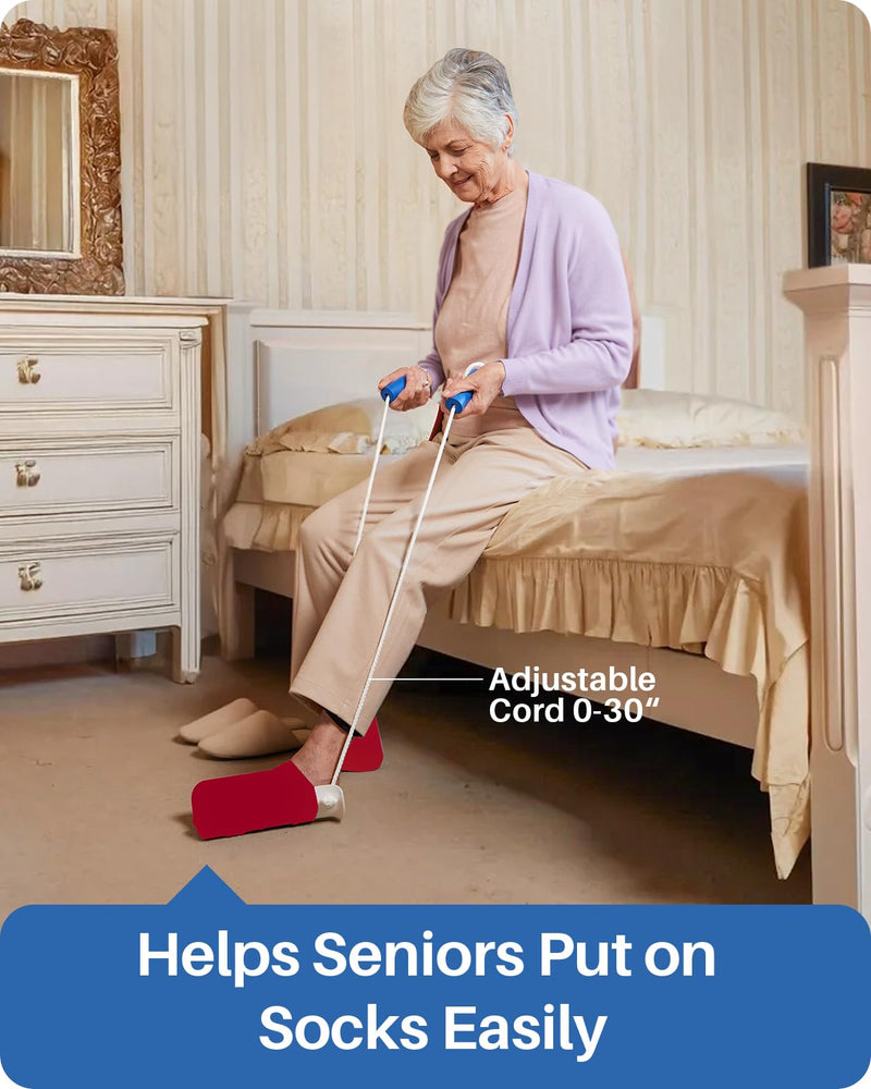 [Australia] - Jellas 4.6 Inch Wide Sock Aid Kit - Long Rope Assist Device for Seniors, Limited Mobility, Post-Surgery | No Bend Sock Helper & Remover | Easy On/Off Socks Tool (White) White 